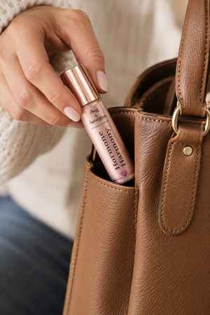 A close-up lifestyle shot of a person's hand placing a small cosmetic roller bottle into the side pocket of a brown leather handbag.
