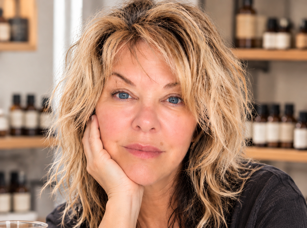 A woman with messy blonde hair rests her head on her hand at a table with essential oil bottles in the foreground and shelves of bottles in the background, wearing a black long-sleeve top and a gold pendant necklace.