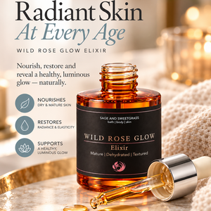Sage & Sweetgrass Wild Rose Glow Elixir bath and body elixir in an amber glass bottle with a black label, shown on a gold tray with a dropper beside it. The ad includes text about radiant skin at every age and circular benefit icons on the left.