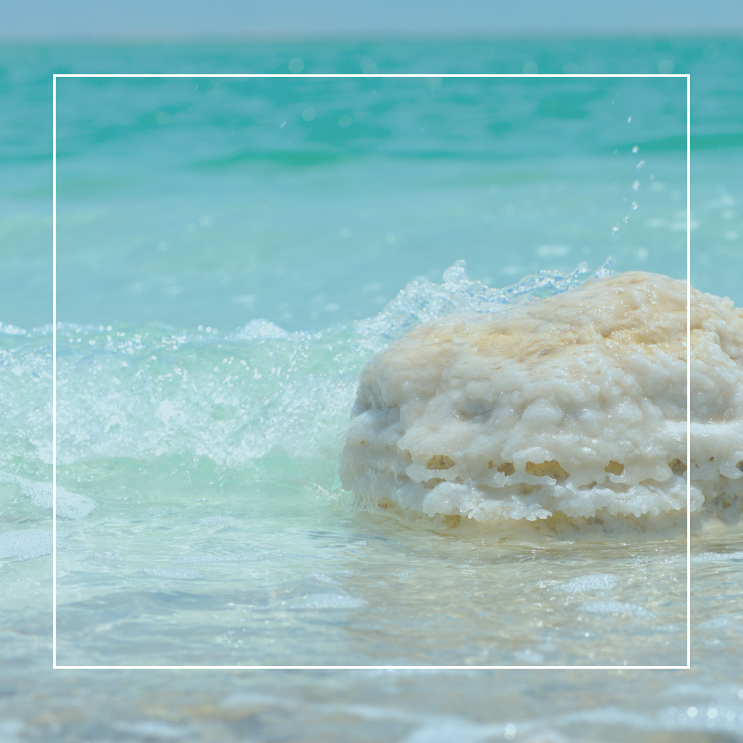 An Image of the Dead Sea with a large Salt Rock 