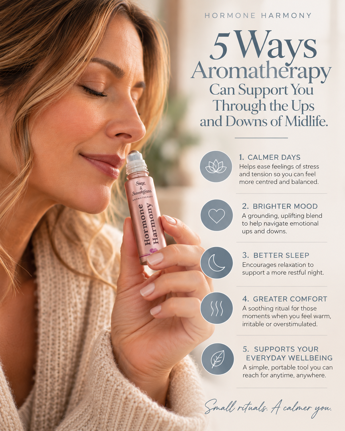 A woman holds a small Hormone Harmony aromatherapy roller bottle near her nose in a lifestyle infographic. The right side contains text titled '5 Ways Aromatherapy Can Support You Through the Ups and Downs of Midlife' with five numbered benefit points and circular icons.