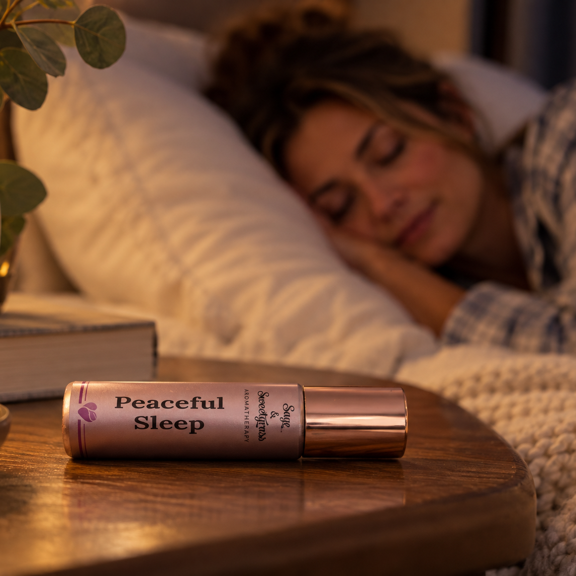 A small cylindrical bottle labeled 'Peaceful Sleep' rests on a wooden bedside table in a softly lit bedroom, with a woman sleeping soundly in bed in the background.