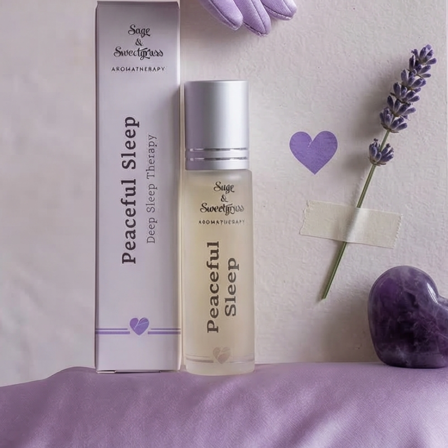 Person wearing a lavender dress and gloves with a bottle and packaging labeled Peaceful Sleep on a matching background.