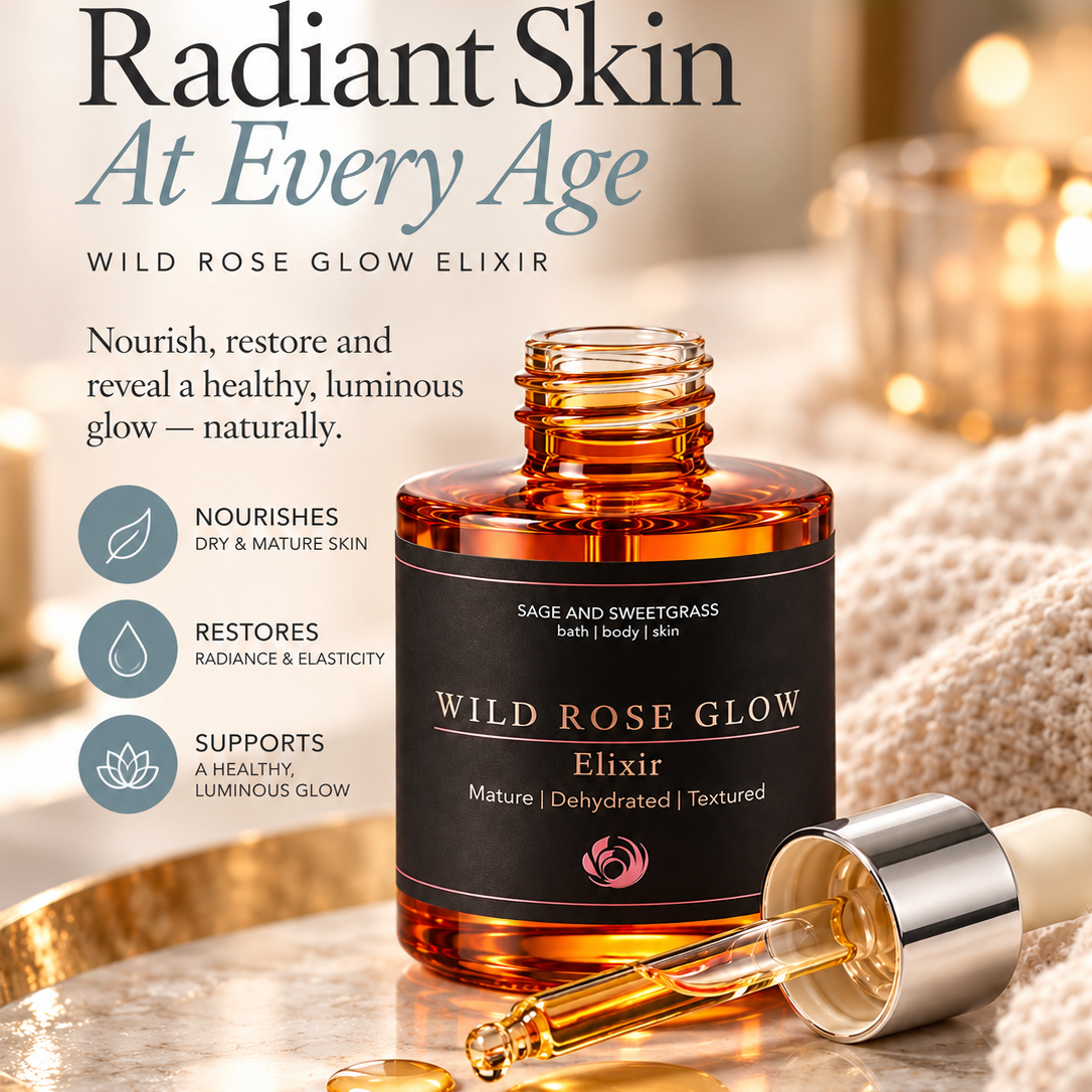 Sage & Sweetgrass Wild Rose Glow Elixir bath and body elixir in an amber glass bottle with a black label, shown on a gold tray with a dropper beside it. The ad includes text about radiant skin at every age and circular benefit icons on the left.