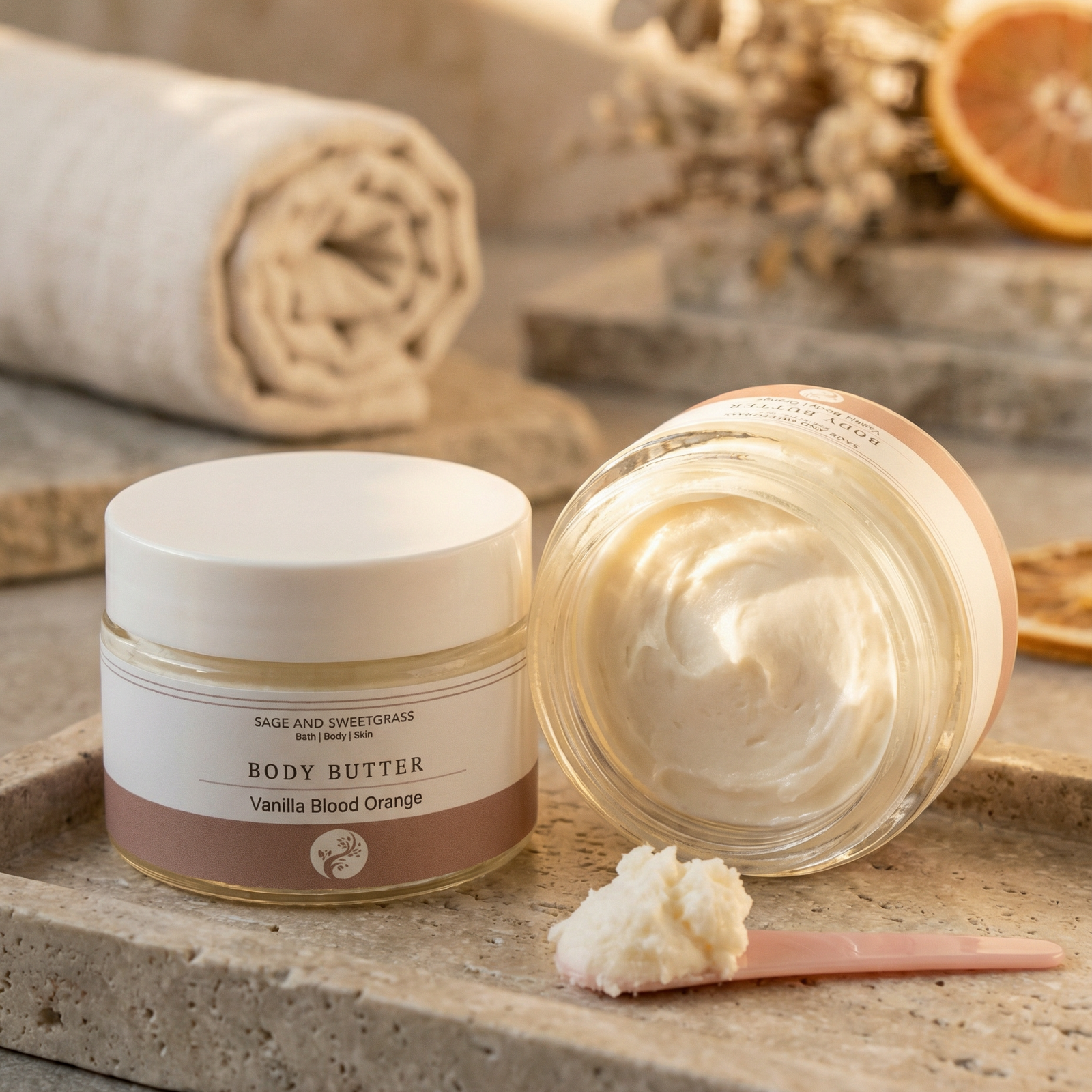 Jar of body butter with a spoonful of cream on a stone surface